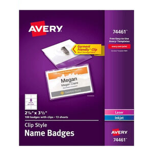 Avery clip style name badge kit 100 badges holders clips inserts New